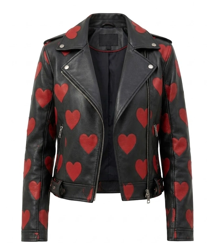 Womens Red Hearts Motorcycle Leather Jacket