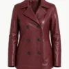 Womens Regular Fit Maroon Double Breasted Leather Peacoat