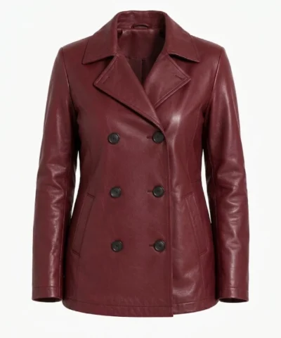 Womens Regular Fit Maroon Double Breasted Leather Peacoat