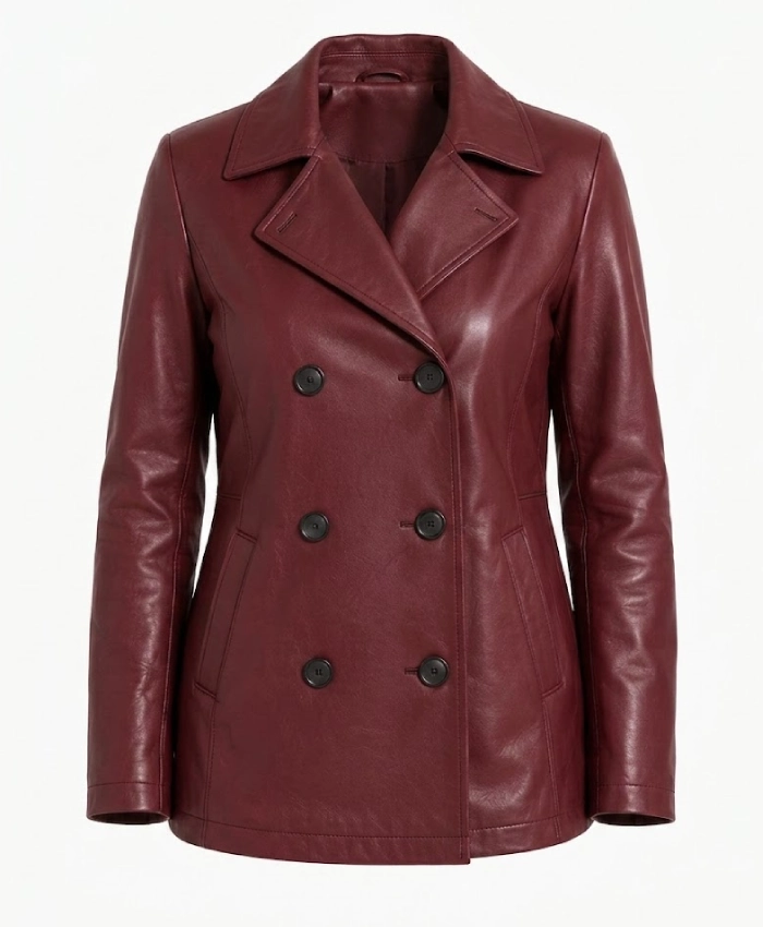 Womens Regular Fit Maroon Double Breasted Leather Peacoat