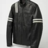 Womens Striped Black Biker Leather Jacket