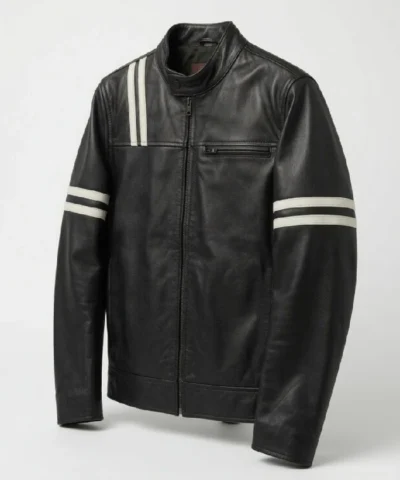 Womens Striped Black Biker Leather Jacket