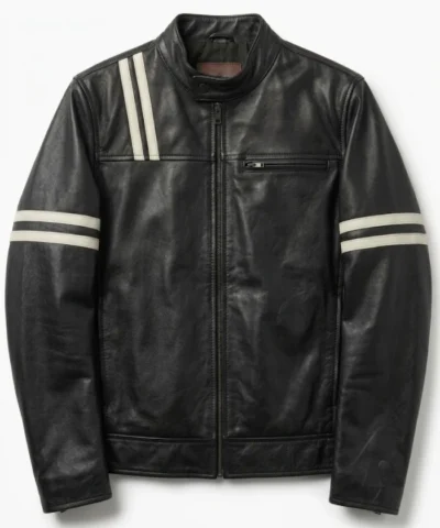 Womens Striped Black Biker Leather Jacket For Men and Women