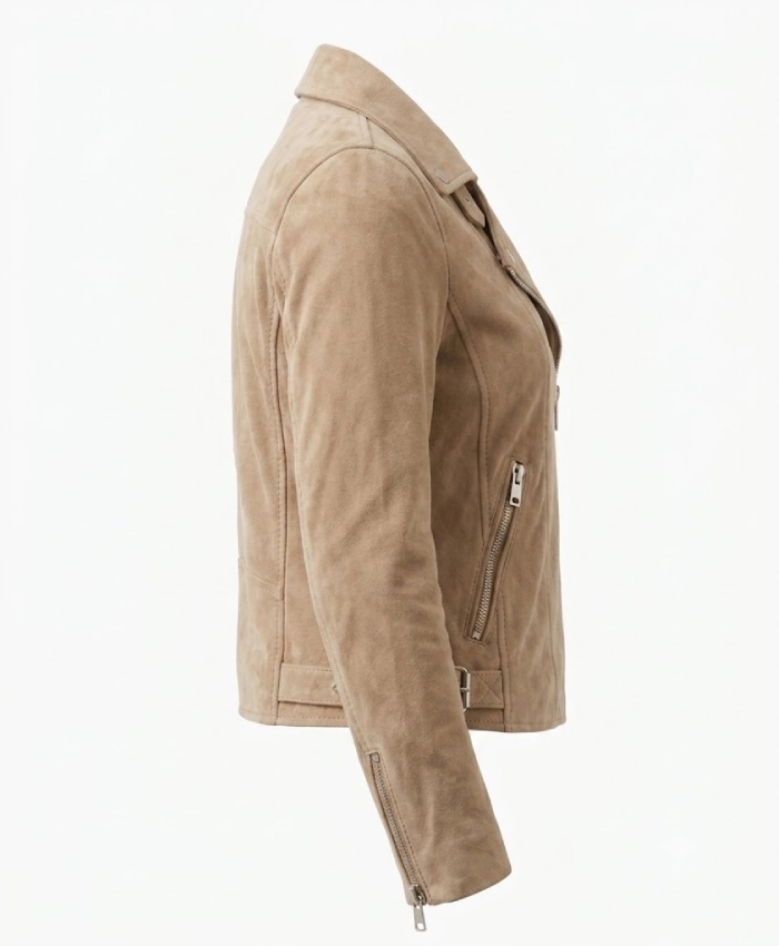 Womens Suede Beige Biker Jacket