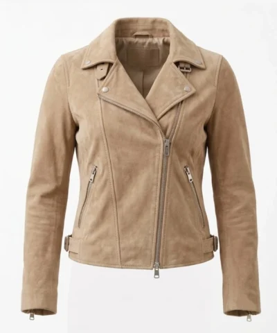 Womens Suede Leather Beige Biker Jacket