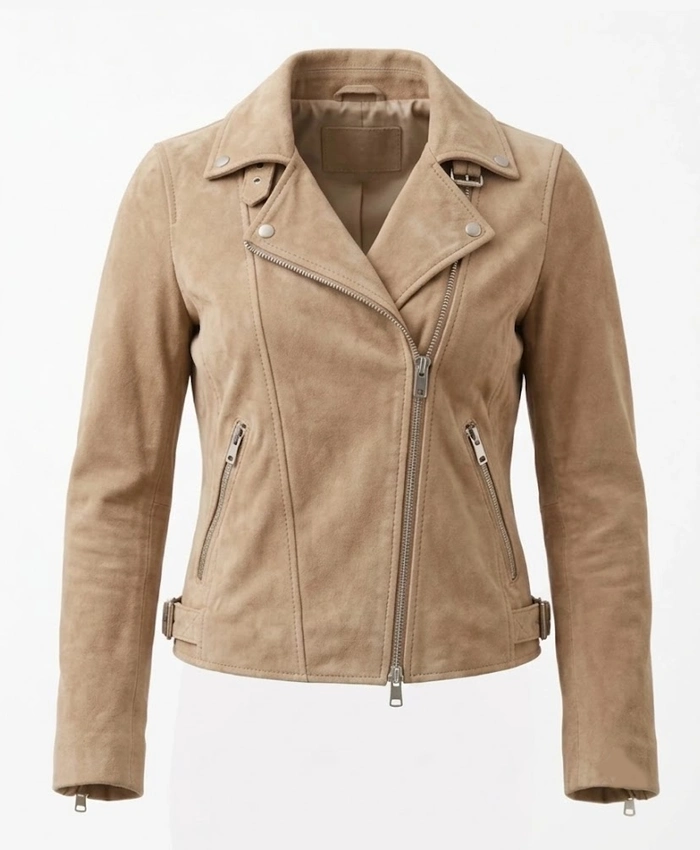 Womens Suede Leather Beige Biker Jacket
