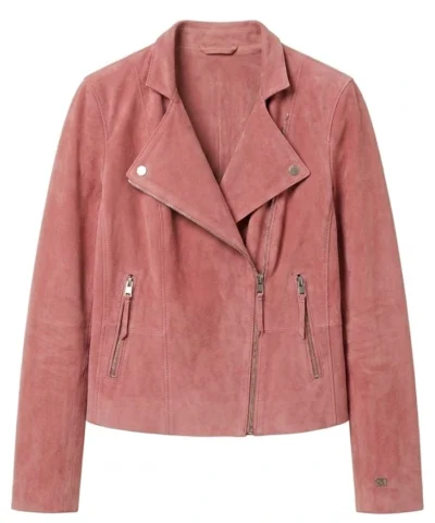 Womens Suede Leather Pink Biker Jacket