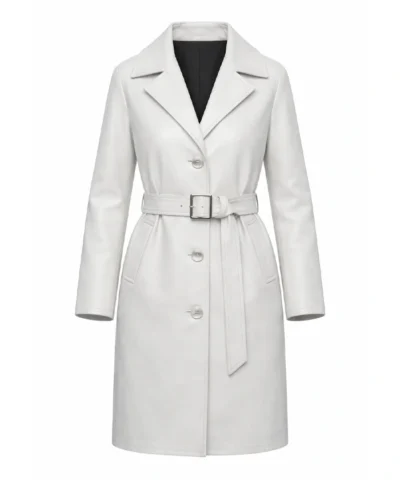 Womens White Belted Leather Coat For Sale 