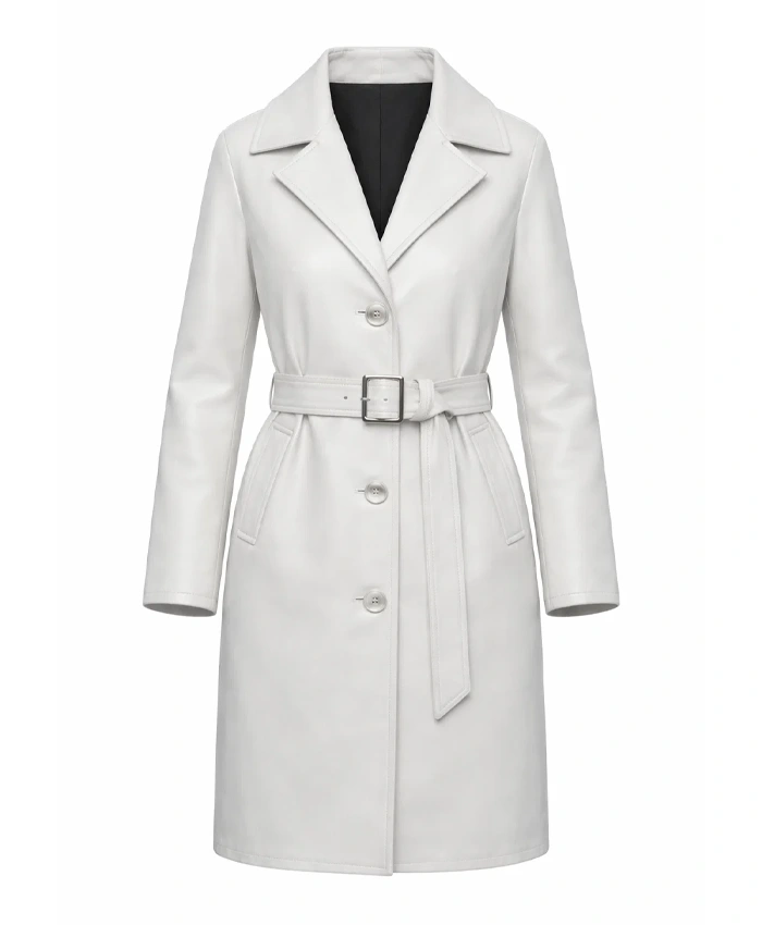 Womens White Belted Leather Coat For Sale