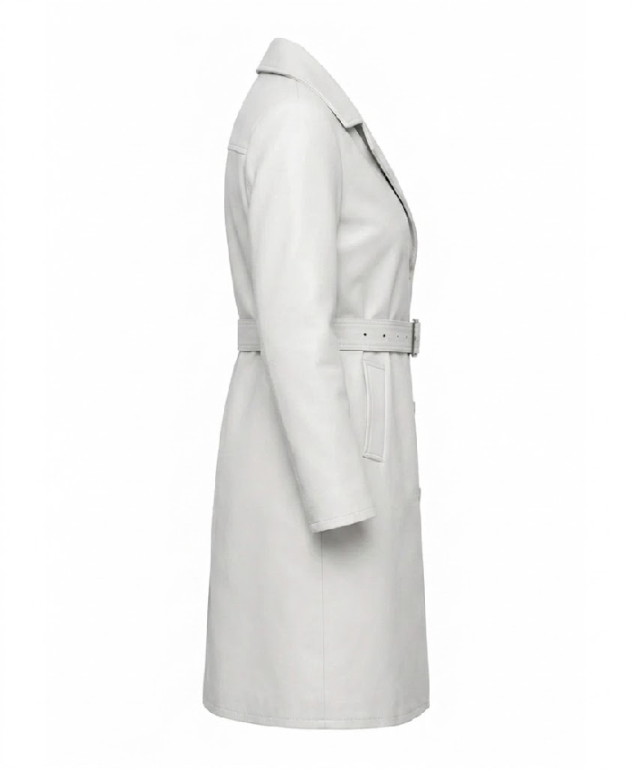 Womens White Belted Leather Coat For Sale