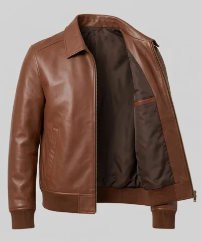 Zanvek Brown Leather Bomber Jacket For Men