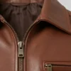 Zanvek Brown Leather Bomber Jacket For Men Collar