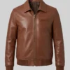 Zanvek Brown Leather Bomber Jacket For Mens