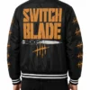 AEW Jay White Switch Blade Limited Edition Black Satin Varsity Guns Up Jacket Back