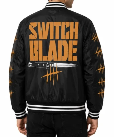AEW Jay White Switch Blade Limited Edition Black Satin Varsity Guns Up Jacket Back