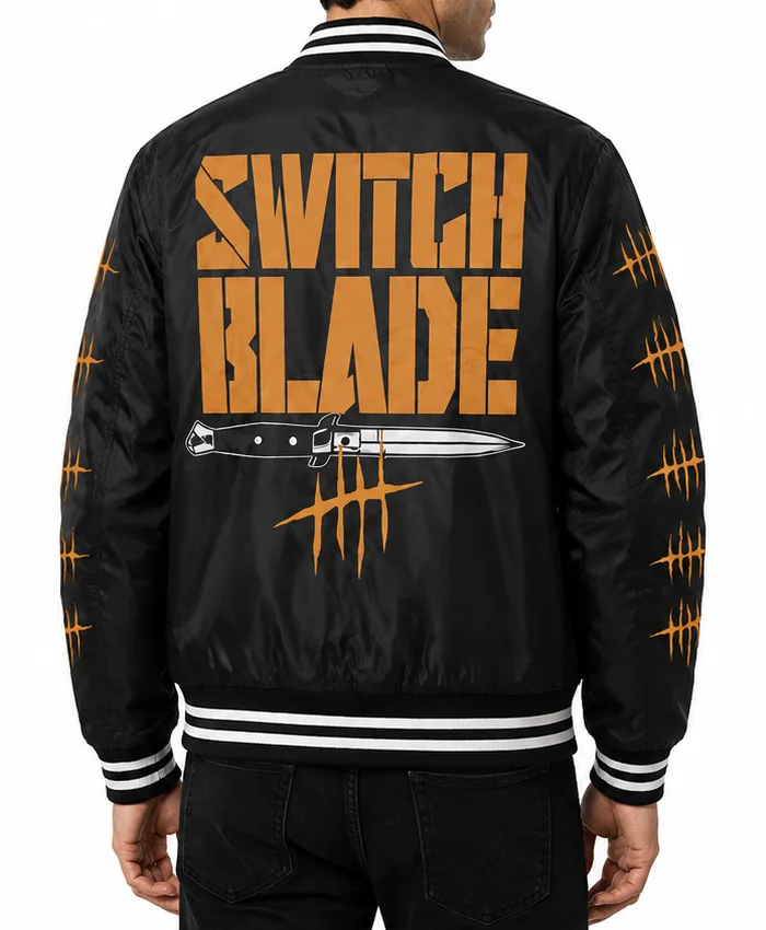 AEW Jay White Switch Blade Limited Edition Black Satin Varsity Guns Up Jacket Back