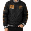 AEW Jay White Switch Blade Limited Edition Black Satin Varsity Guns Up Jacket Front