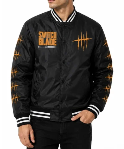 AEW Jay White Switch Blade Limited Edition Black Satin Varsity Guns Up Jacket Front