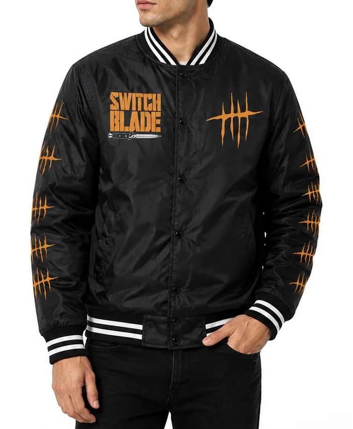 AEW Jay White Switch Blade Limited Edition Black Satin Varsity Guns Up Jacket Front