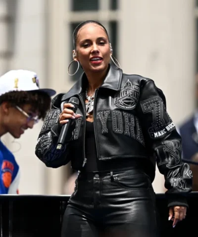 Alicia Keys Cropped Pelle Pelle Black Leather Jacket or Sale