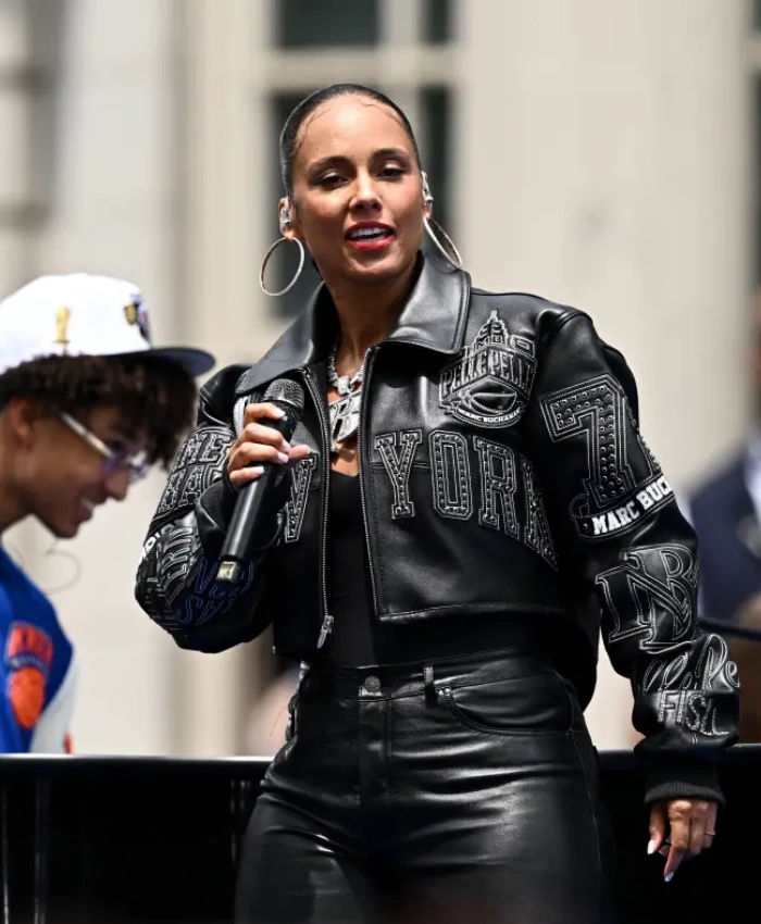 Alicia Keys Cropped Pelle Pelle Black Leather Jacket or Sale