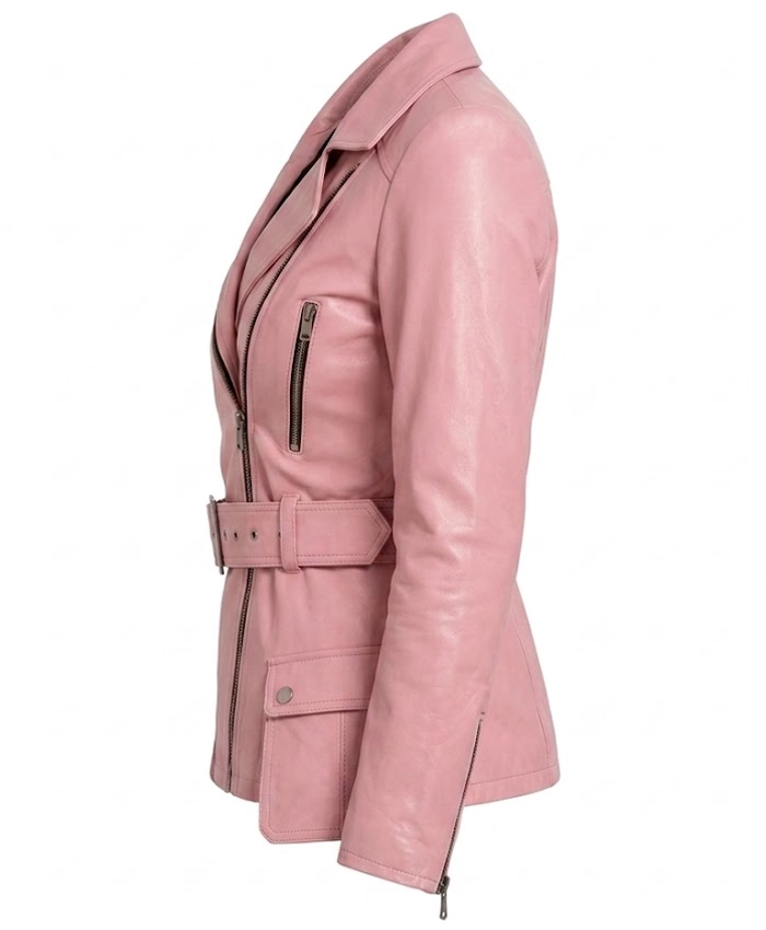 Asymmetrical Belted Pink Leather Jacket