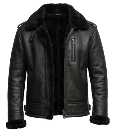 B3 Black Aviator Shearling Fur Sheepskin Leather Jacket