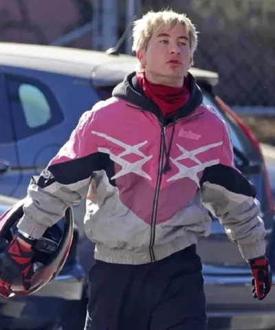 Barry Keoghan Crime 101 2026 Ormon Pink and White Racer Bomber Jacket