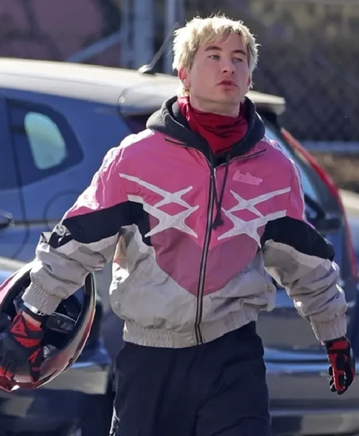 Barry Keoghan Crime 101 2026 Ormon Pink and White Racer Bomber Jacket