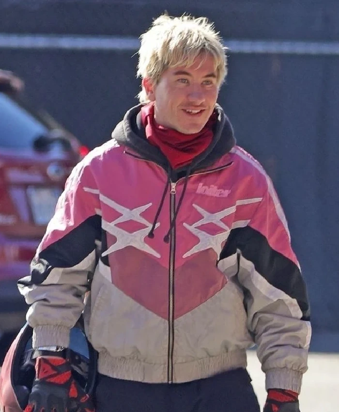 Barry Keoghan Crime 101 Movie 2026 Ormon Pink and White Racer Jacket
