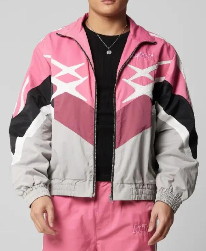 Barry Keoghan Crime 101 Movie Ormon Pink and White Racer Bomber Jacket