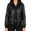 Women's Black Bomber Real Leather Jacket with Removable Hood