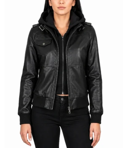 Women's Black Bomber Real Leather Jacket with Removable Hood