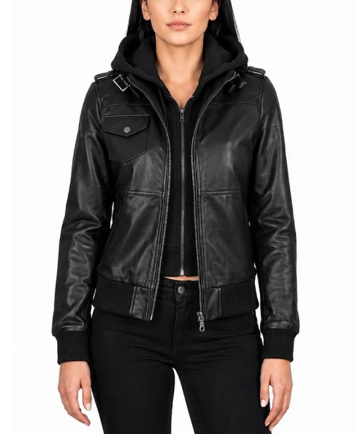 Women's Black Bomber Real Leather Jacket with Removable Hood