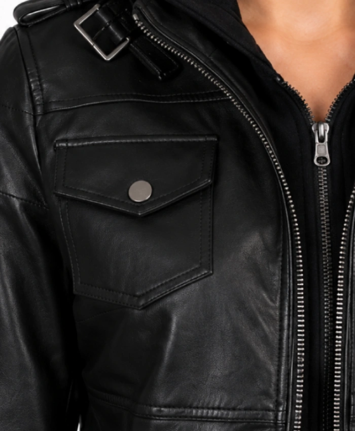 Bomber Black Leather Jacket with Removable Hood for Women's