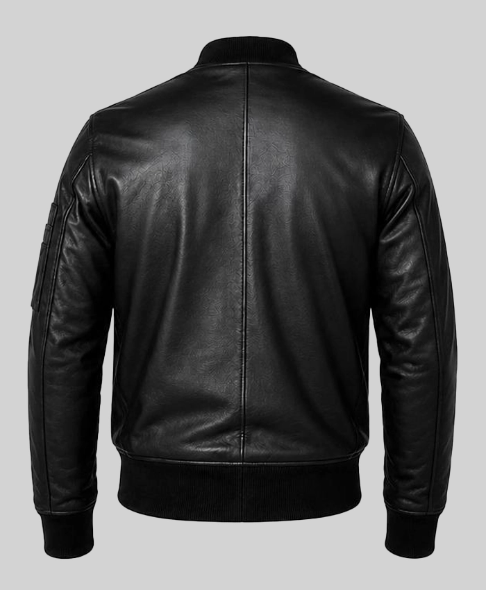 Black Cowhide Leather MA-1 Flight Jacket For Mens