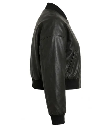Black Drop Shoulder Cropped Leather Bomber Jacket