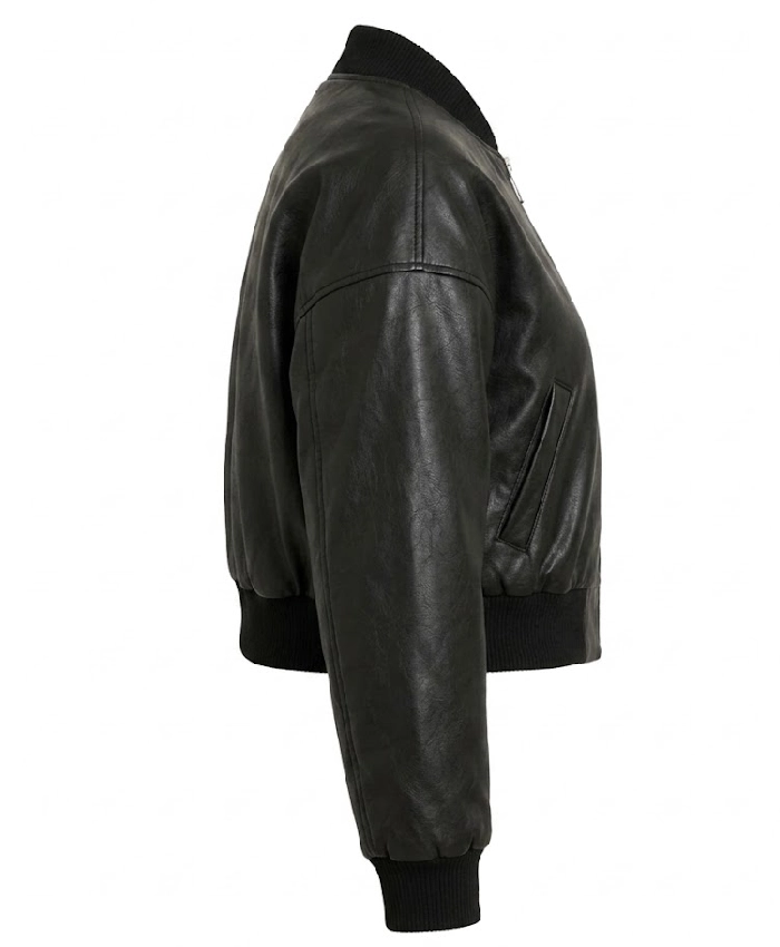 Black Drop Shoulder Cropped Leather Bomber Jacket