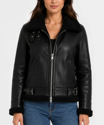 Buy Ladies Black Leather Aviator Jacket