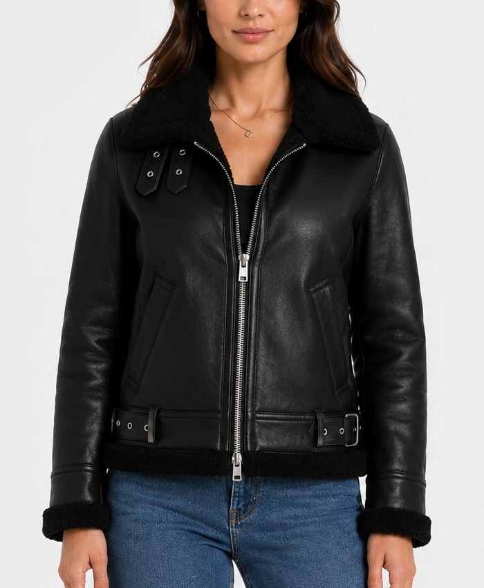 Buy Ladies Black Leather Aviator Jacket