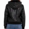 Women Black Leather Bomber Jacket With Removable Hood​