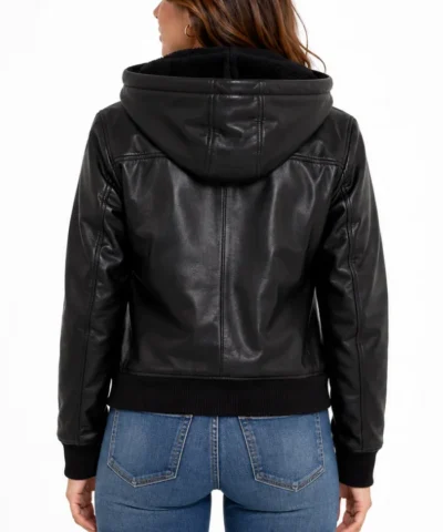 Women Black Leather Bomber Jacket With Removable Hood​