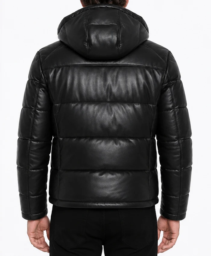 Mens Puffer Leather Jacket in Black