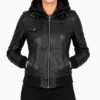 Women's Bomber Leather Jacket with Removable Hood in Black