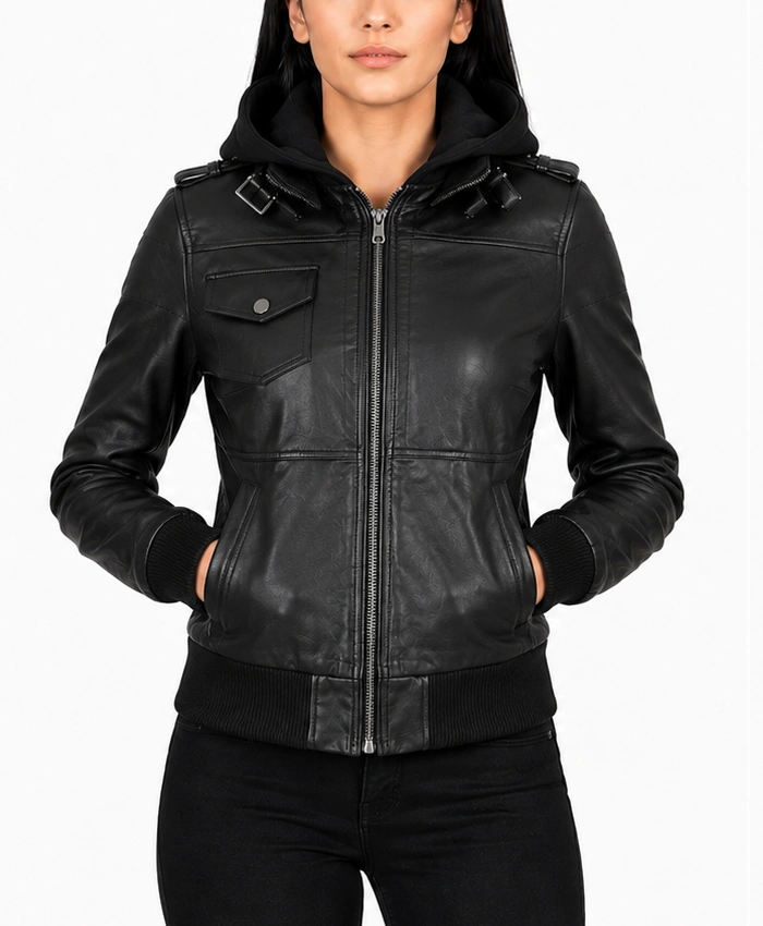Women's Bomber Leather Jacket with Removable Hood in Black