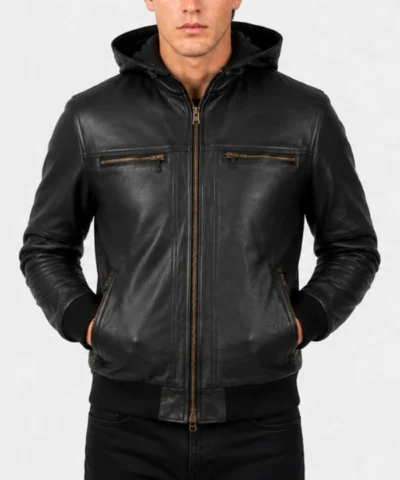 Shop Bouncer Biz Black Leather Bomber Jacket