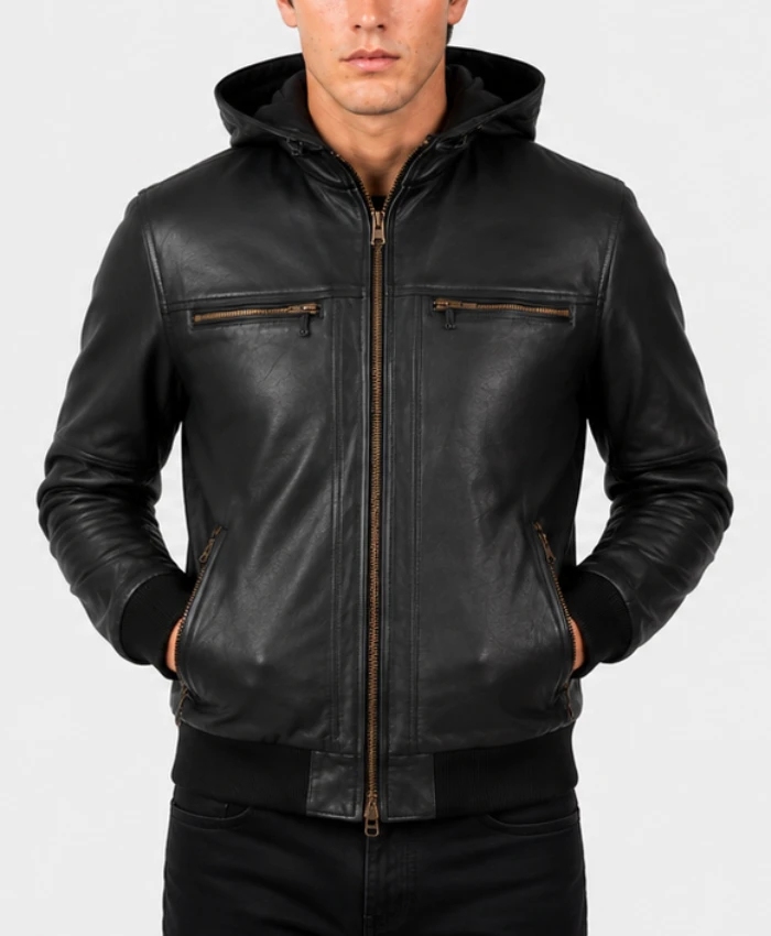 Shop Bouncer Biz Black Leather Bomber Jacket