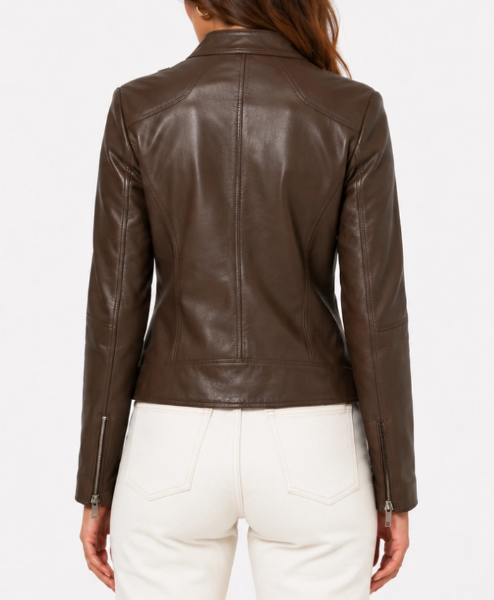 Womens Brown Leather Cafe Racer Jacket