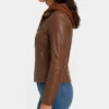 Removable Hood Women's Cognac Brown Leather Jacket With
