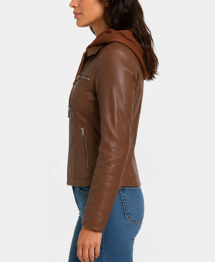 Removable Hood Women's Cognac Brown Leather Jacket With